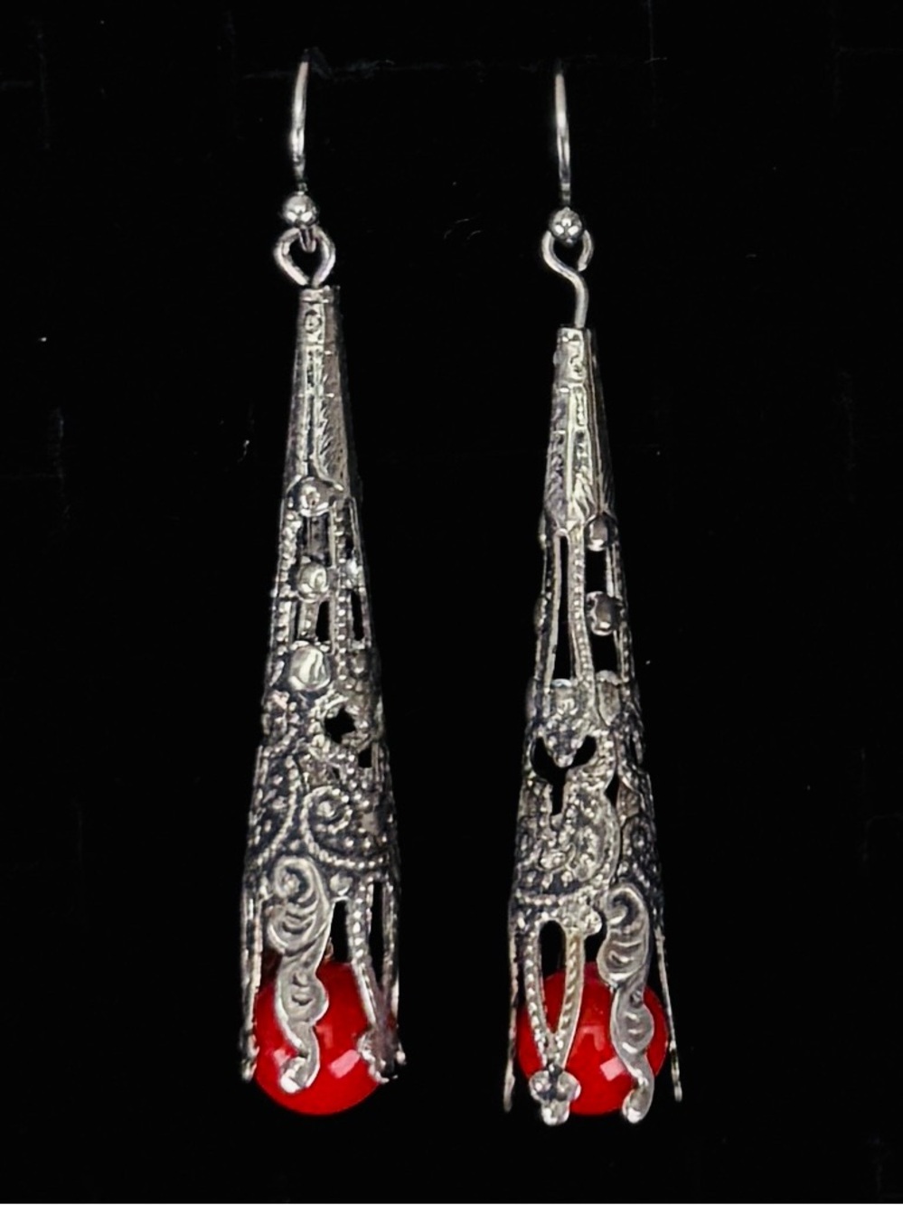 Vintage aged, Silvertone red bohemian chic southwestern style pierced earrings